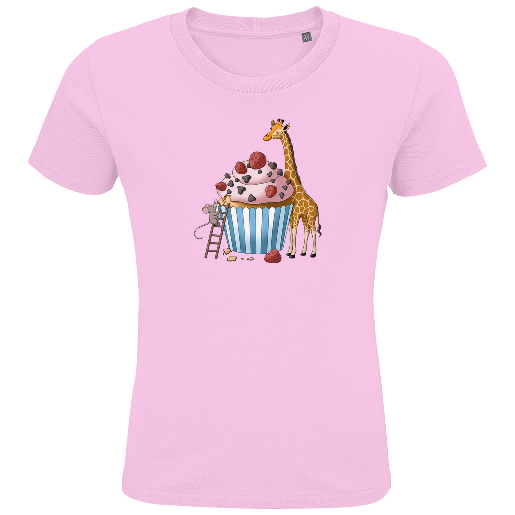 Kinder T-Shirt "Sweet Friends" Süßes Tiermotiv in Rosa: Maus auf Leiter und Giraffe an Erdbeer-Schoko-Cupcake aus Bio-Baumwolle