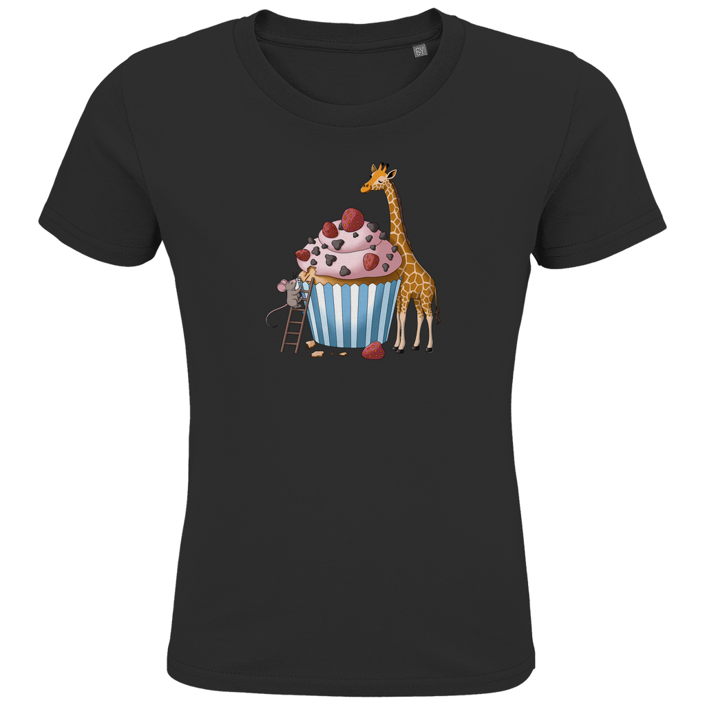 Kinder T-Shirt "Sweet Friends" Süßes Tiermotiv in Schwarz: Maus auf Leiter und Giraffe an Erdbeer-Schoko-Cupcake aus Bio-Baumwolle