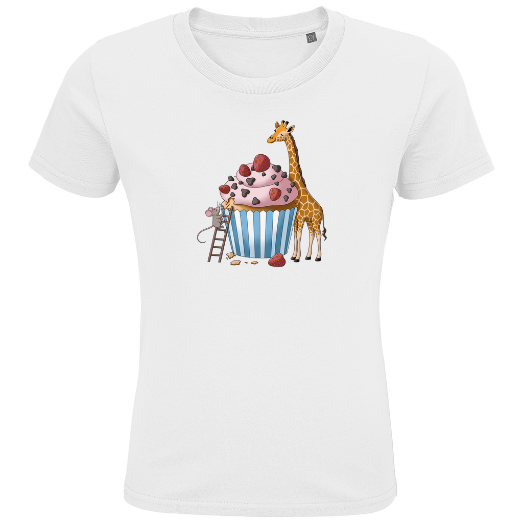 Kinder T-Shirt "Sweet Friends" Süßes Tiermotiv in Weiß: Maus auf Leiter und Giraffe an Erdbeer-Schoko-Cupcake aus Bio-Baumwolle