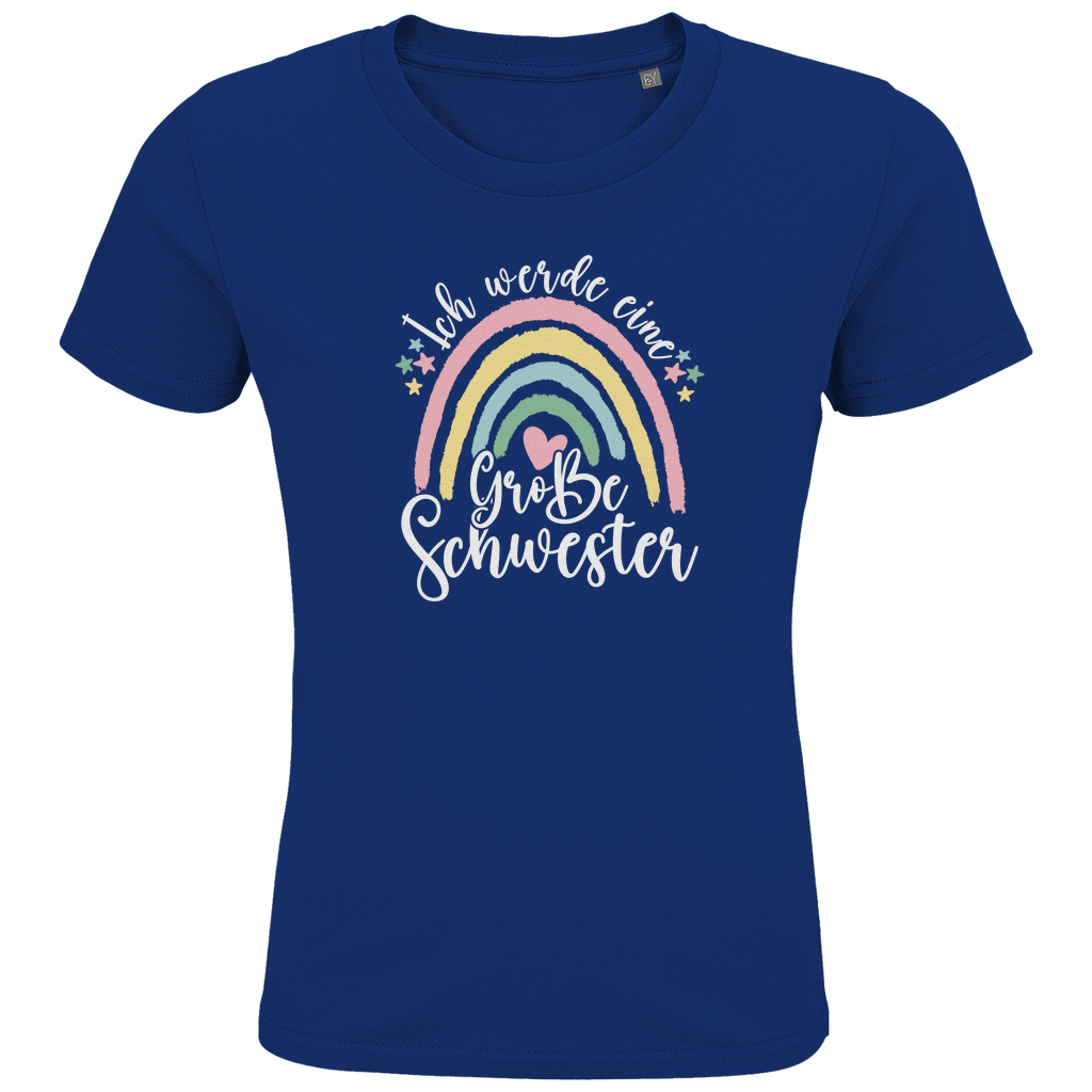 Mädchen T-Shirt "Ich werde eine große Schwester" in Blau aus Bio-Baumwolle mit pastellfarbenem Regenbogen-Design.
