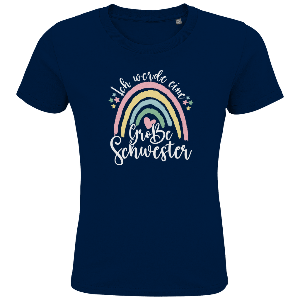 Mädchen T-Shirt "Ich werde eine große Schwester" in Navy blau aus Bio-Baumwolle mit pastellfarbenem Regenbogen-Design.