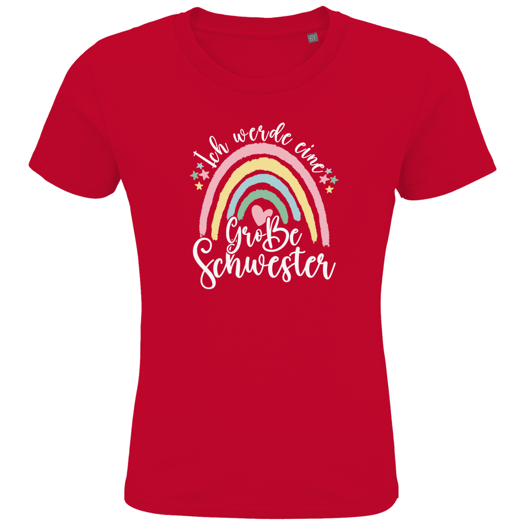 Mädchen T-Shirt "Ich werde eine große Schwester" in Rot aus Bio-Baumwolle mit pastellfarbenem Regenbogen-Design.