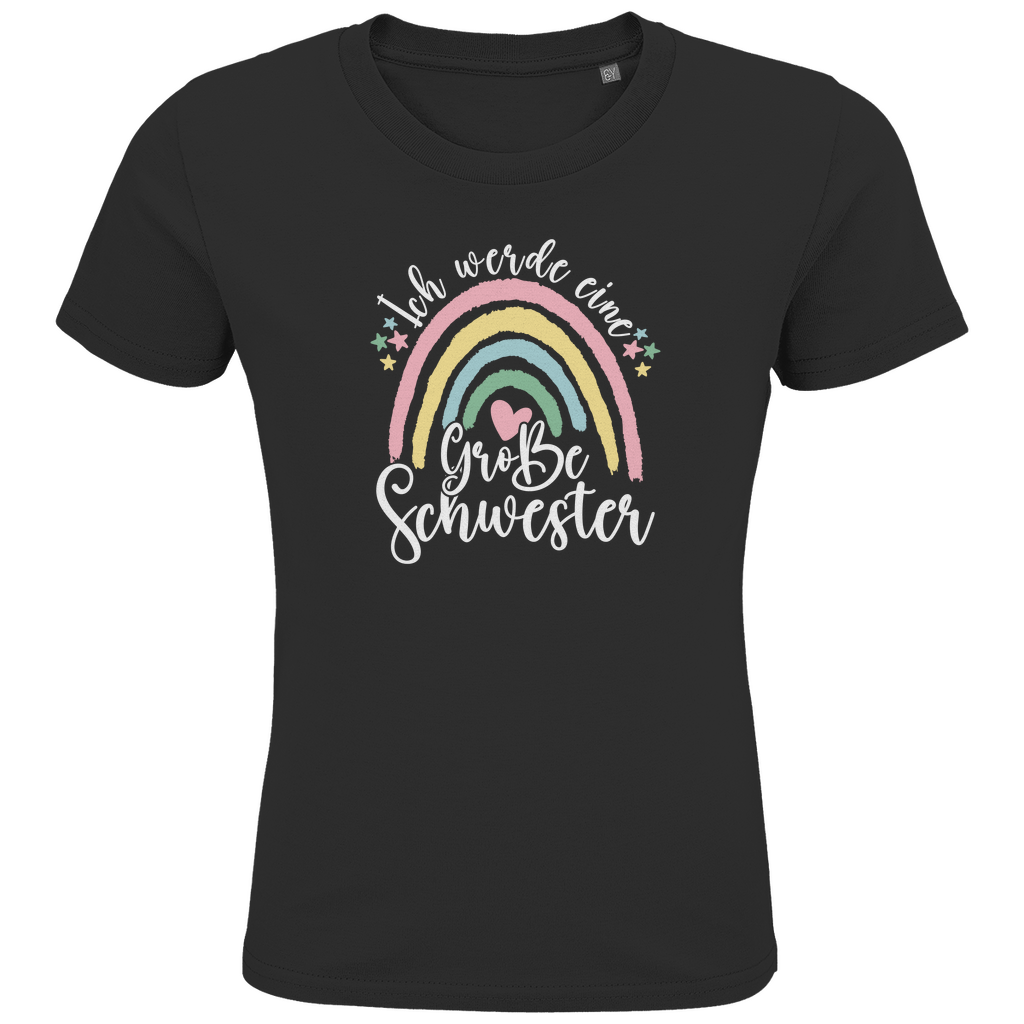 Mädchen T-Shirt "Ich werde eine große Schwester" in Schwarz aus Bio-Baumwolle mit pastellfarbenem Regenbogen-Design.