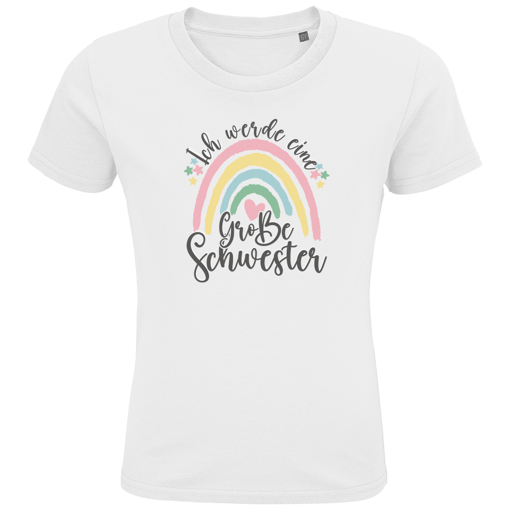Mädchen T-Shirt "Ich werde eine große Schwester" in Weiß aus Bio-Baumwolle mit pastellfarbenem Regenbogen-Design.