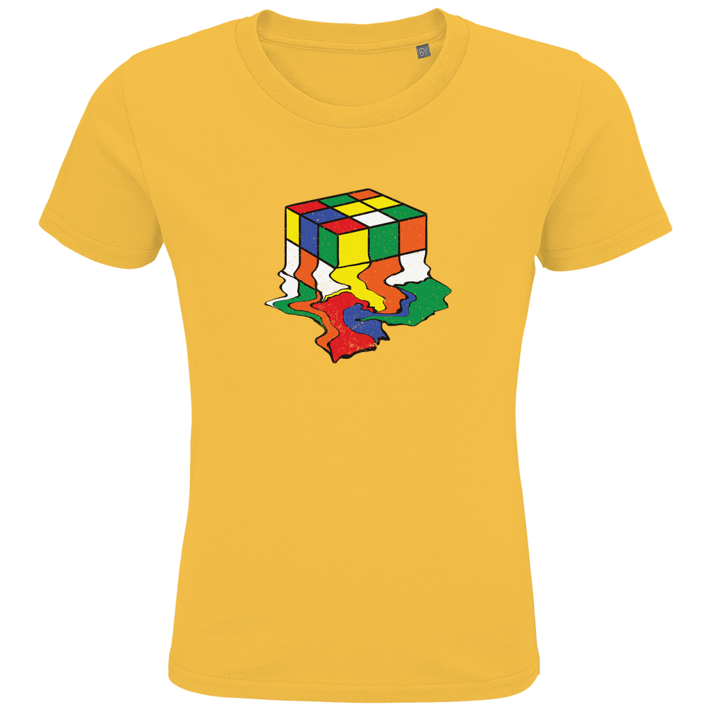 Kinder T-Shirt in Gelb aus Bio-Baumwolle mit buntem Rubik-Zauberwürfel-Motiv, nachhaltig in Deutschland produziert für Mädchen.