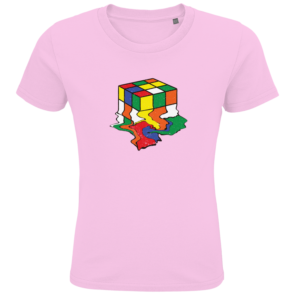 Kinder T-Shirt in Rosa aus Bio-Baumwolle mit buntem Rubik-Zauberwürfel-Motiv, nachhaltig in Deutschland produziert für Mädchen.