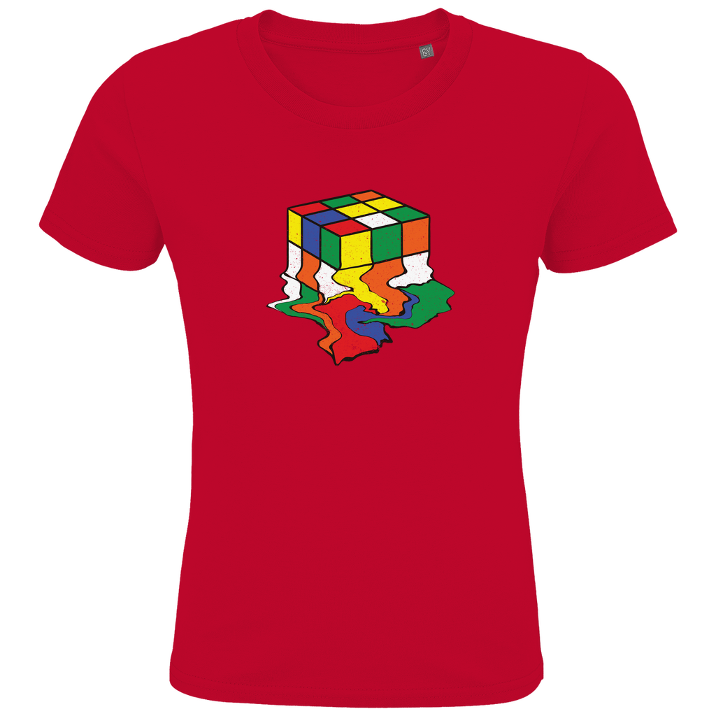 Kinder T-Shirt in Rot aus Bio-Baumwolle mit buntem Rubik-Zauberwürfel-Motiv, nachhaltig in Deutschland produziert für Mädchen.