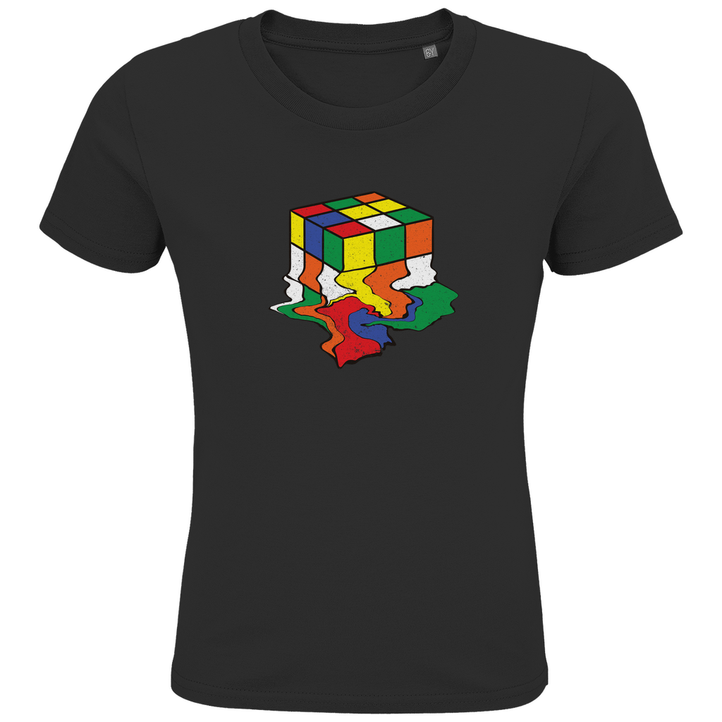 Kinder T-Shirt in Schwarz aus Bio-Baumwolle mit buntem Rubik-Zauberwürfel-Motiv, nachhaltig in Deutschland produziert für Mädchen.