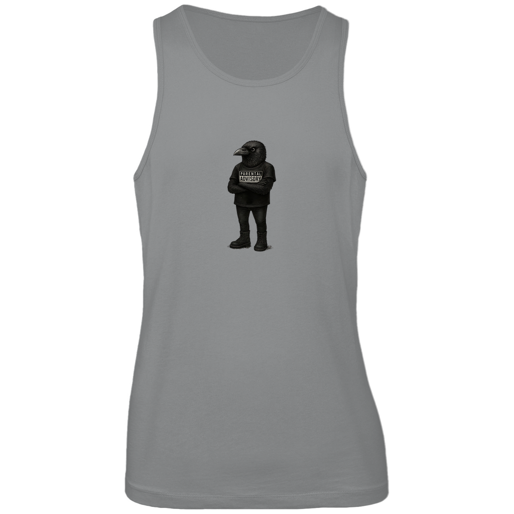 Herren Tank Top "Bird of Dadness" aus Bio-Baumwolle in Grau mit gezeichneter Rabenillustration und Parental Advisory Motiv – sommerlicher Style für moderne Männer