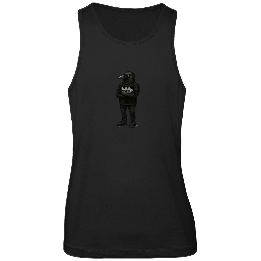 Herren Tank Top "Bird of Dadness" aus Bio-Baumwolle in Schwarz mit gezeichneter Rabenillustration und Parental Advisory Motiv – sommerlicher Style für moderne Männer