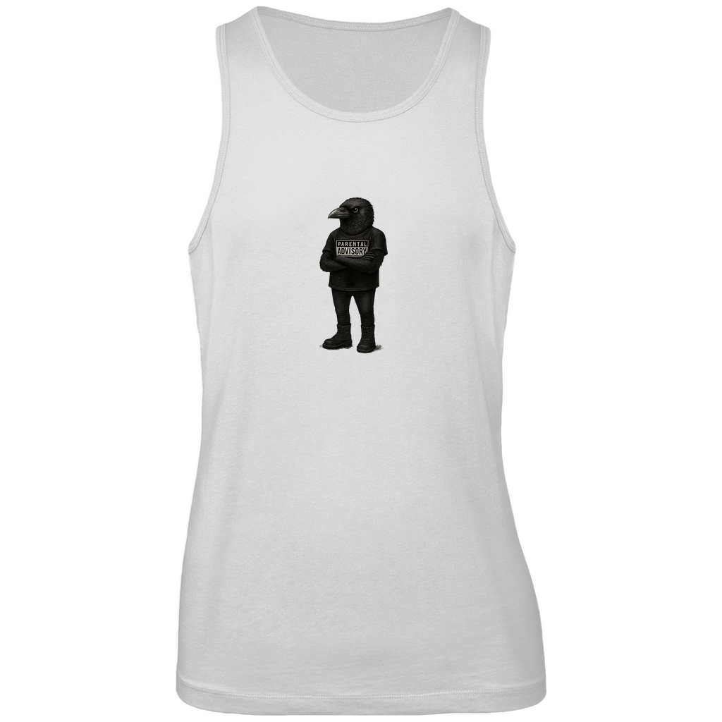 Herren Tank Top "Bird of Dadness" aus Bio-Baumwolle in Weiß mit gezeichneter Rabenillustration und Parental Advisory Motiv – sommerlicher Style für moderne Männer