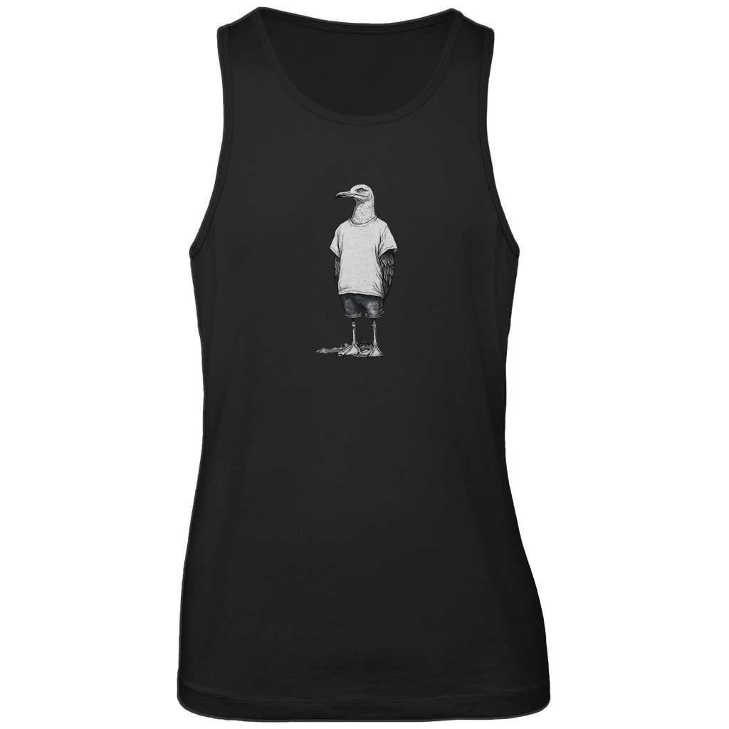 Tank Top Herren "Küstenvogel" aus Bio-Baumwolle in Schwarz mit gezeichneter Möwe auf der Brust – stilvolles Design für den Sommer