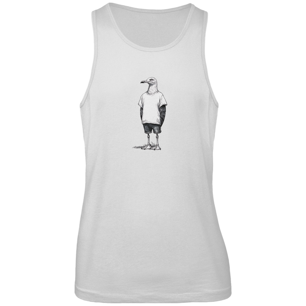 Tank Top Herren "Küstenvogel" aus Bio-Baumwolle in Weiß mit gezeichneter Möwe auf der Brust – stilvolles Design für den Sommer
