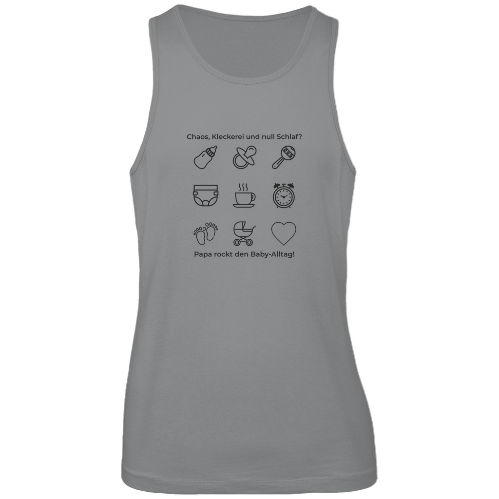 Tanktop Herren "Papa rockt das Chaos" aus Bio-Baumwolle in Grau mit sommerlichem Papa-Statement – ärmelloses Shirt für aktive Väter mit Humor