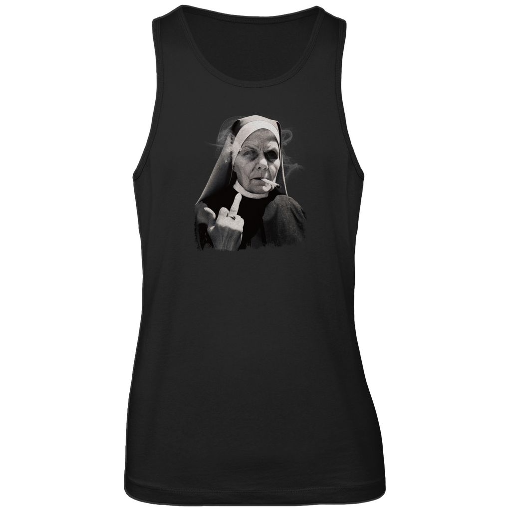 Tanktop Herren „Rebellische Nonne“ aus Bio-Baumwolle in Schwarz – ärmelloses Statement mit provokantem Motiv für Männer mit Stil und Haltung