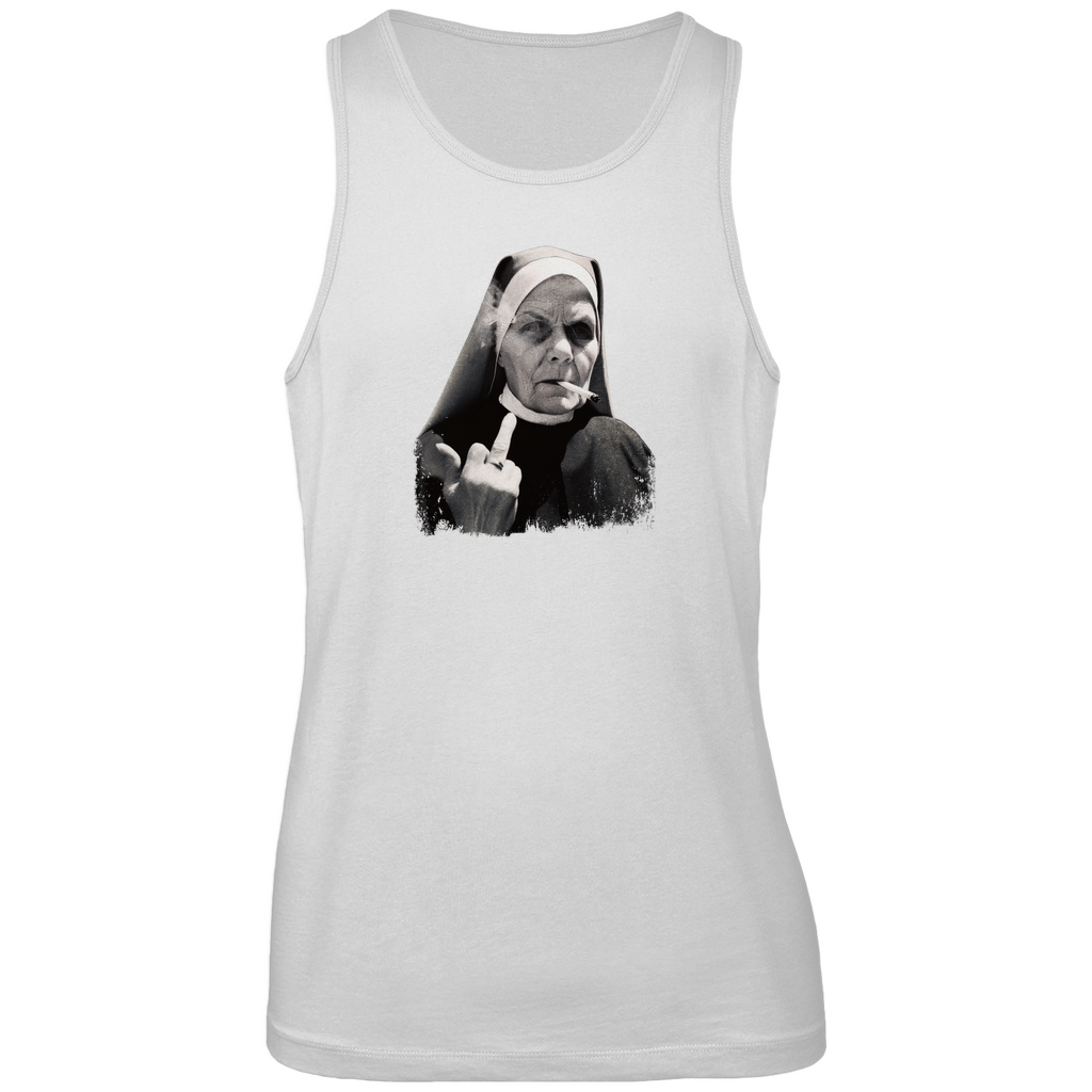 Tanktop Herren „Rebellische Nonne“ aus Bio-Baumwolle in Weiß – ärmelloses Statement mit provokantem Motiv für Männer mit Stil und Haltung