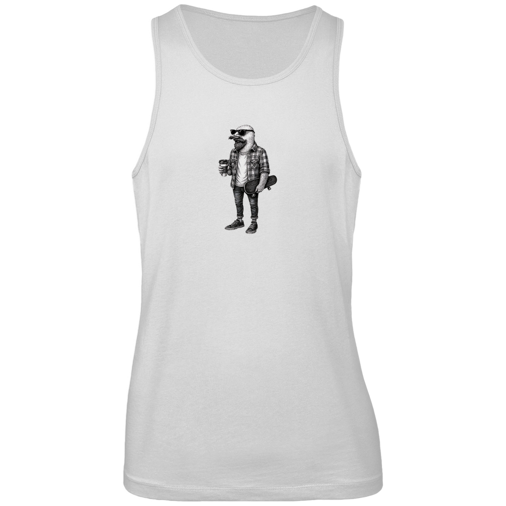 Tank Top Herren "Seaside Dude" aus Bio-Baumwolle in Weiß mit gezeichneter Möwe für den modernen Mann mit Geschmack – cooles urbanes Design mit Humor