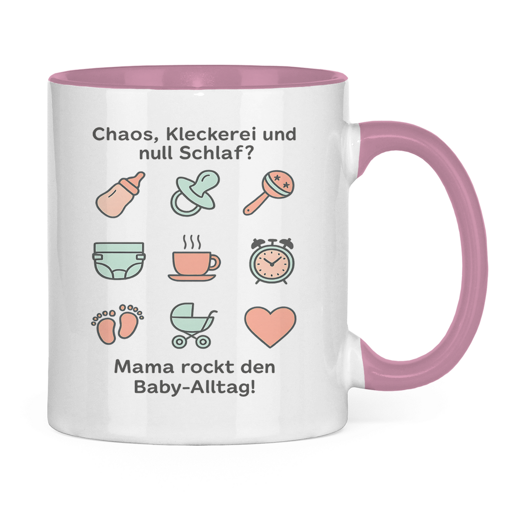 Tasse aus Keramik „Momlife Masterclass“ – Zweifarbig, außen Weiß innen Rosa, mit Illustrationen & Mama-Spruch, perfektes Geschenk zum Geburtstag und Muttertag