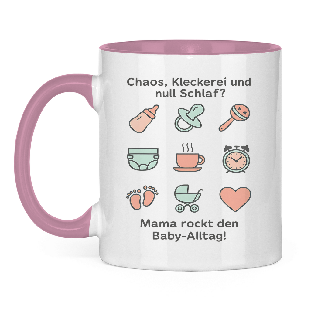 Tasse aus Keramik „Momlife Masterclass“ – Zweifarbig, außen Weiß innen Rosa, mit Illustrationen & Mama-Spruch, perfektes Geschenk zum Geburtstag und Muttertag