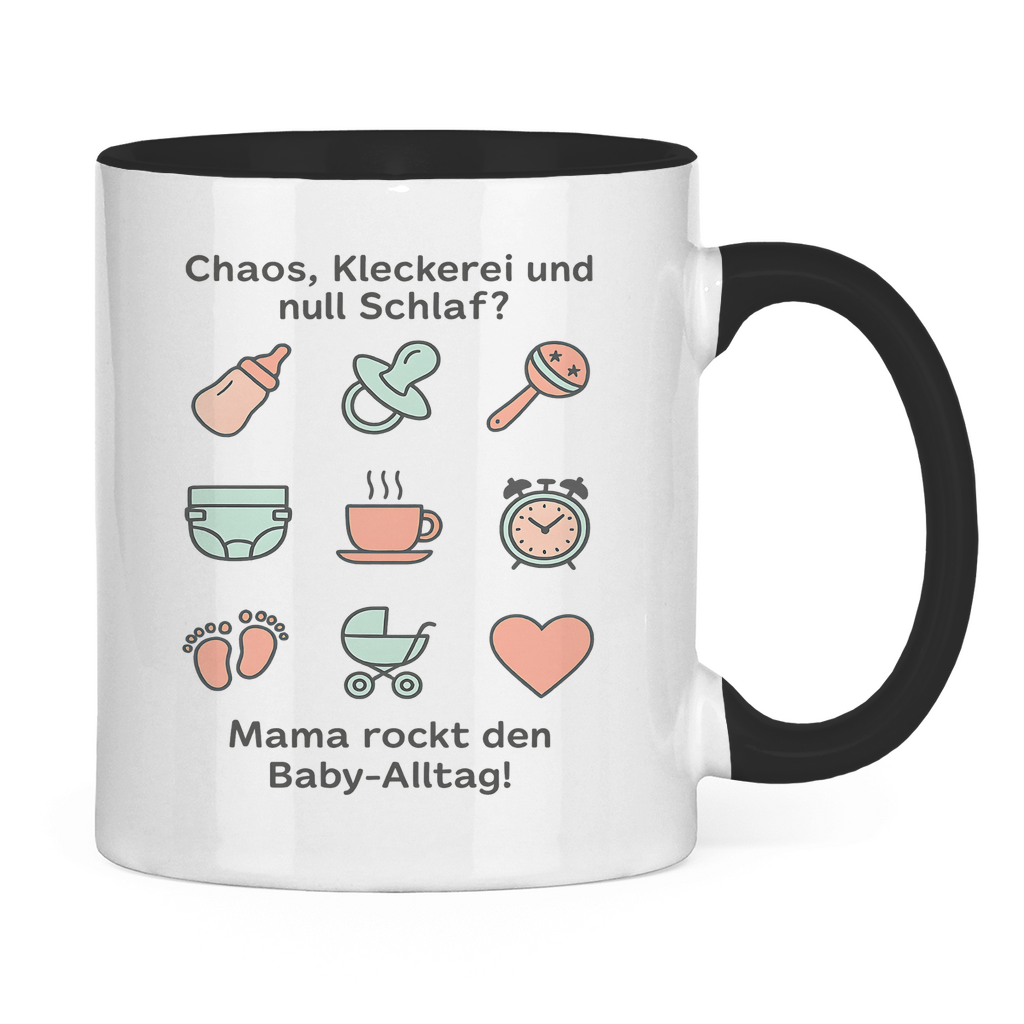 Tasse aus Keramik „Momlife Masterclass“ – Zweifarbig, außen Weiß innen Schwarz, mit Illustrationen & Mama-Spruch, perfektes Geschenk zum Geburtstag und Muttertag