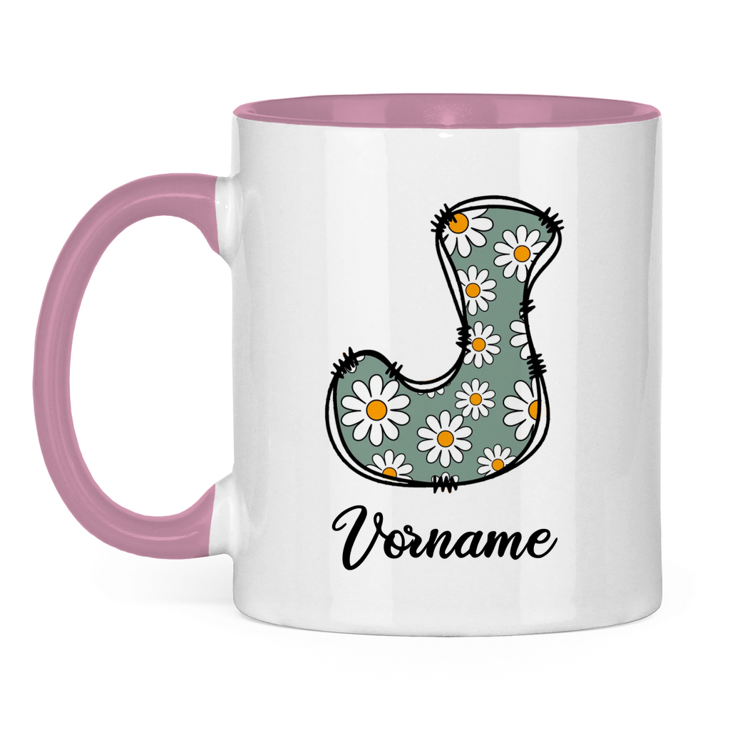 (Rückseite) Zweifarbige Tasse aus Keramik mit floralem Monogramm & Wunschname – personalisierbar mit Live-Vorschau, rosa farbigen Henkel & Innenfläche, Geschenkidee für Frauen