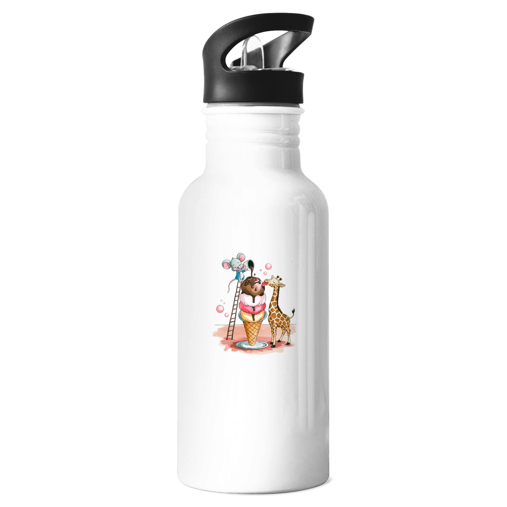 Kinder Edelstahl-Trinkflasche "Ice Cream Friends" 600ml mit Tiermotiv: Maus auf Leiter und Giraffe an Eiswaffel