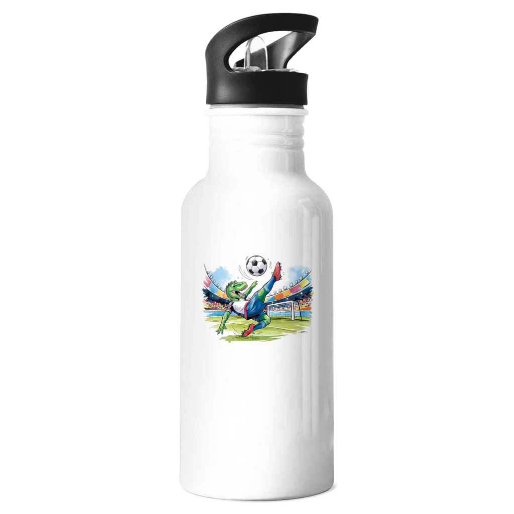 Trinkflasche "Soccer Rex" für Kinder in Edelstahl: Sportlicher T-Rex beim Fallrückzieher im Fußballstadion